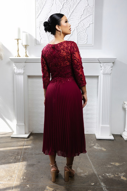 MayQueen MQ-2189 Tea Length Mother of the Bride Gown in Lace and Pleated Chiffon