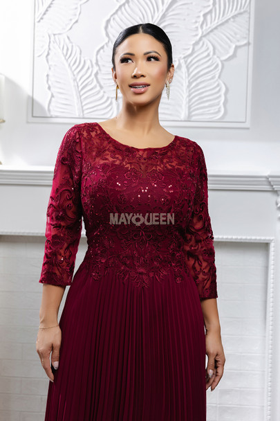 MayQueen MQ-2189 Tea Length Mother of the Bride Gown in Lace and Pleated Chiffon