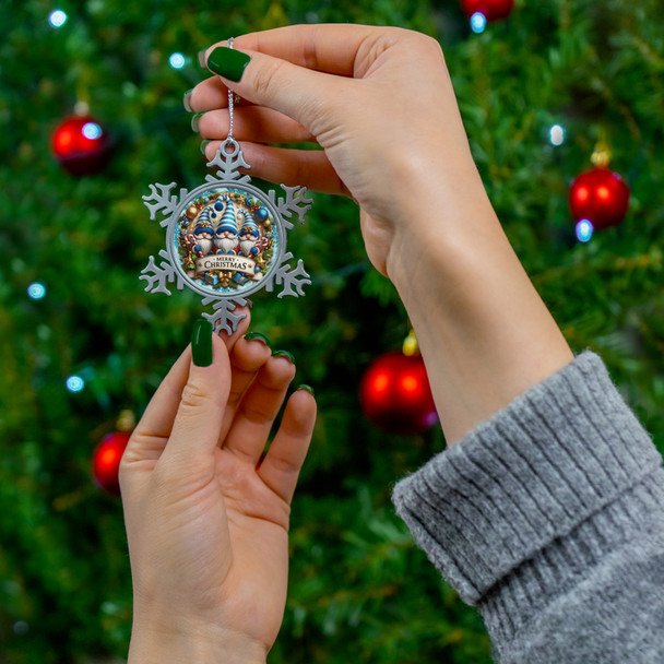 Pewter Christmas Gnome Snowflake Ornament, Festive Holiday Decoration, Winter Wonderland Decor, Unique Gift for Tree or Home
