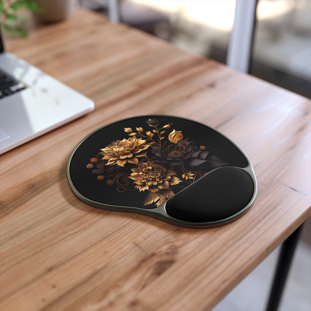 Floral Mouse Pad with Wrist Rest, Elegant Office Accessory, Computer Gift for Her, Workspace Decor, Black and Gold Design