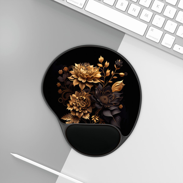 Floral Mouse Pad with Wrist Rest, Elegant Office Accessory, Computer Gift for Her, Workspace Decor, Black and Gold Design