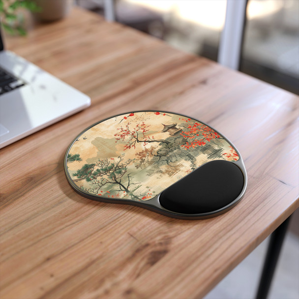 Tranquil Oriental Inspired Mouse Pad with Wrist Rest, Ergonomic Desk Accessory, Perfect for Home Office, Gifts for Gamers, Relaxing Workspace Decor