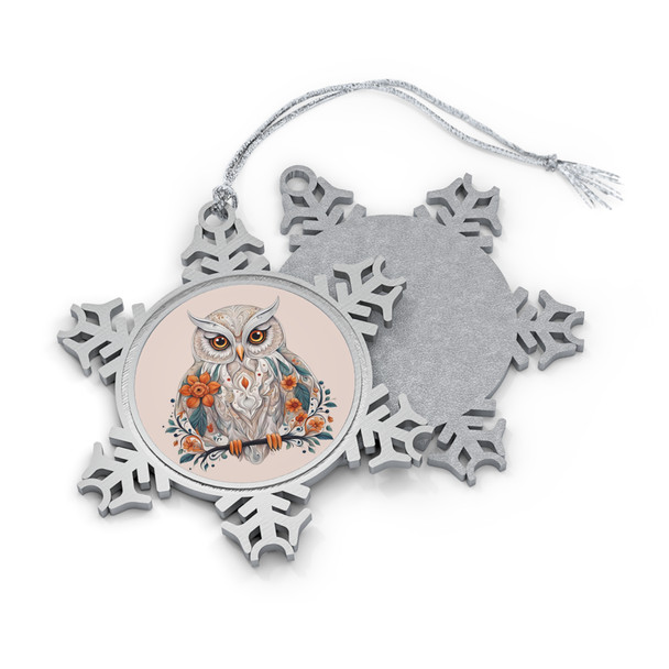Charming Pewter Snowflake Ornament with Boho Owl Design, Holiday Decor, Winter Decorations, Perfect Gift, Tree Ornament