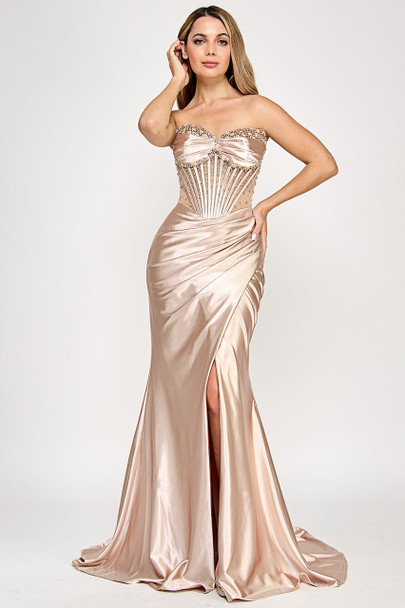 Lenovia 8403 Beaded Stretch Satin Prom Gown with detachable shoulder straps and waist snatching bodice.