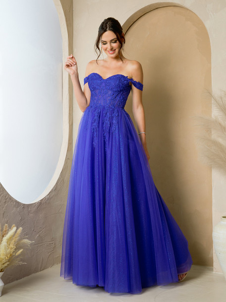 Eva USA 5279 Sparkle Tulle Gown Off-The-Shoulder, Corset Back
