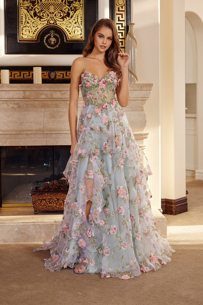 Nox Anabel G1783 Organza Floral Print Layered Prom Gown With Corset