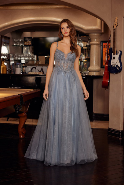 Nox Anabel F1726 Floor Length Shimmer Tulle Prom Gown With Corset Back