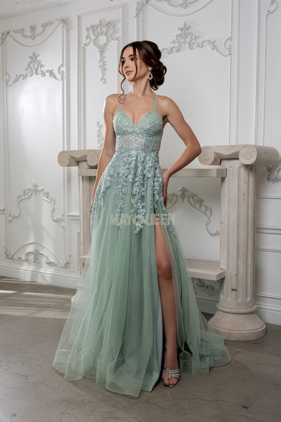 MayQueen 2220 Long Lace and Tulle Prom or Evening Gown