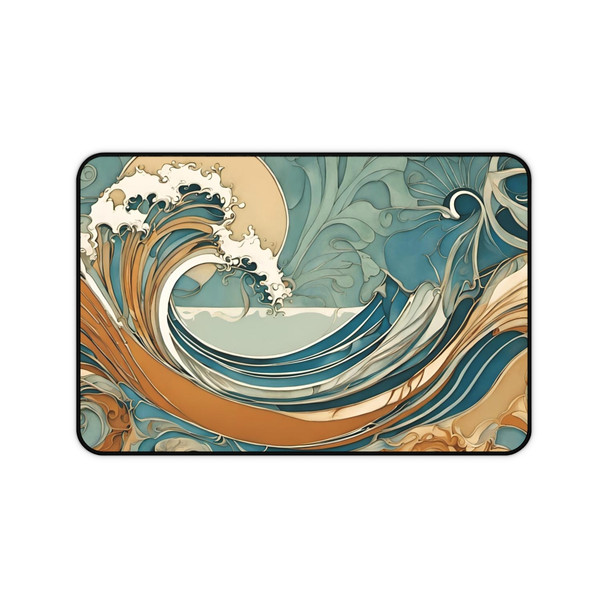 Art Nouveau Style Ocean Waves Desk Mat Mousepad in Teal and Peach