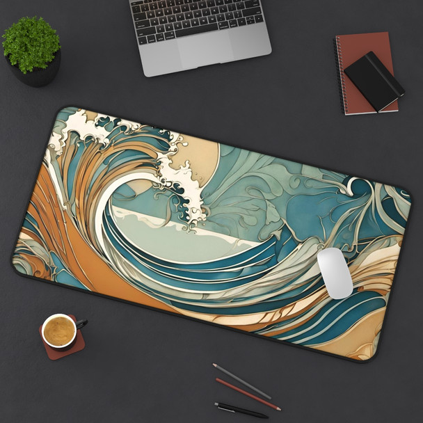 Art Nouveau Style Ocean Waves Desk Mat Mousepad in Teal and Peach