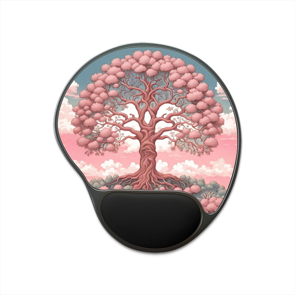 Pink Tree of Life Rowan Tree Ergonomic Mouse Pad With Wrist Rest for Preventing Carpal Tunnel.