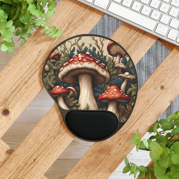 Magical Mushroom Mouse Pad With Wrist Rest. Prevent carpal tunnel with this gaming or work mousepad in woodland mushroom design.