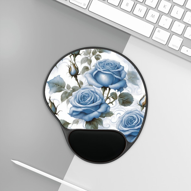 Blue Rose on White Mouse Pad With Wrist Rest| Ergonomic design to help alleviate carpal tunnel