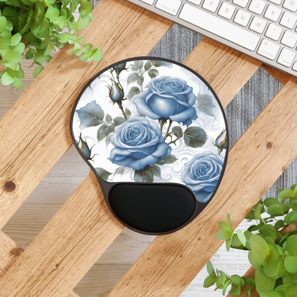 Blue Rose on White Mouse Pad With Wrist Rest| Ergonomic design to help alleviate carpal tunnel