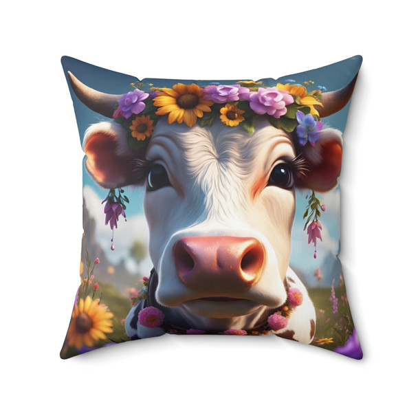 Adorable Cow In Flower Field Spun Polyester Square Pillow Decorative Accent Pillows cow theme farm animal