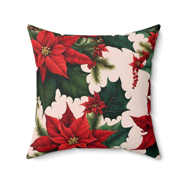 Holly and Poinsettia Design Square  Throw  Pillow decorative accent cushion for sofa couch green red white christmas holiday