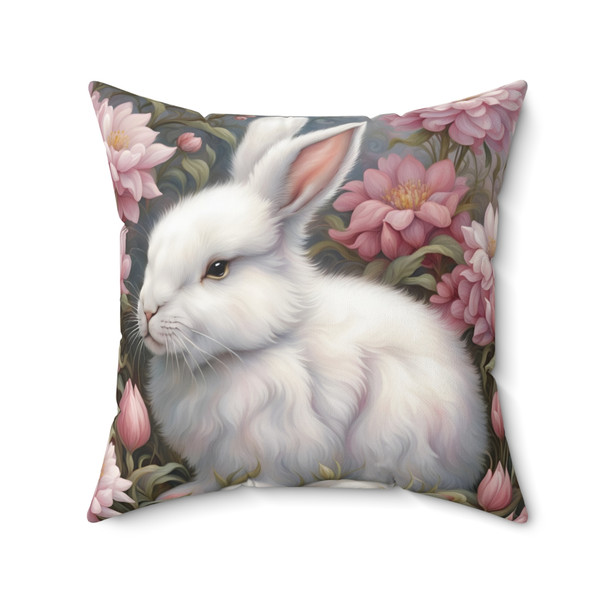 Fluffy White Rabbit in Pink Spun Polyester Decorative Accent Square Throw Pillow for Rabbit lover, kids bedroom baby nursery