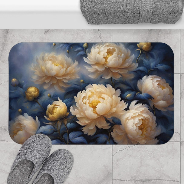 Golden Peonies in Navy Blue Bath Mat in Microfiber. Non slip bathroom rug floral decor anti-slip bedroom rug guest bath spring decor.