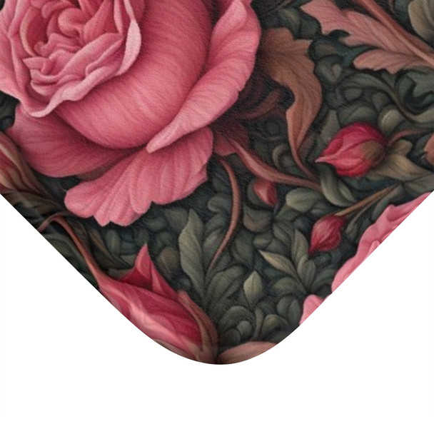 Woodland Rose Pattern Anti-Slip Bath Mat in Pink and Green nonslip william morris bathroom rug microfiber guest bath flowers