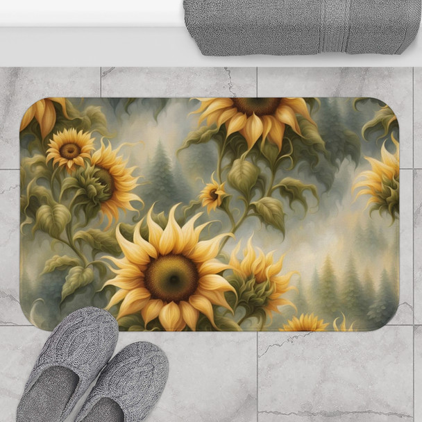 Heavenly Sunflower Bath Mat in Microfiber Non slip in yellow green bathroom rug floral decor anti-slip