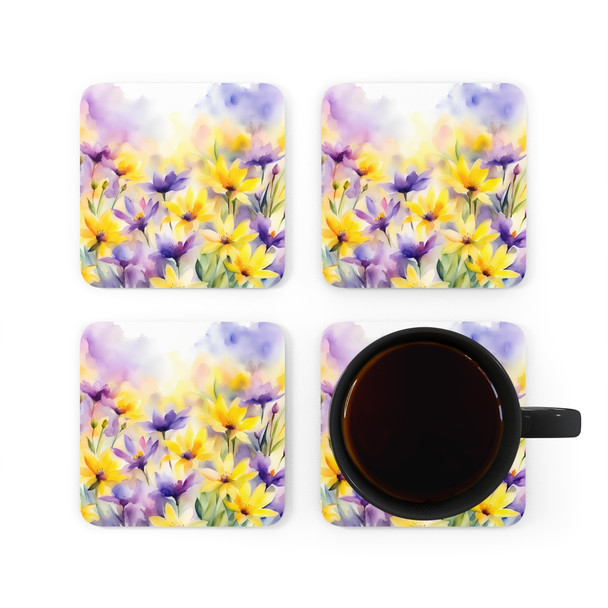Spring Flowers in Purple and Yellow Corkwood Coaster Set Living Room Decor coasters glass christmas birthday housewarming gift