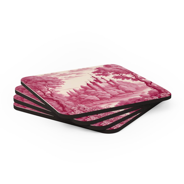 Castle in Claret Tapestry Style Toile Corkwood Coaster Set in red cream white castle living room decor glass coasters Castle in Claret Tapestry Style Toile Corkwood Coaster Set in red cream white castle living room decor glass coasters