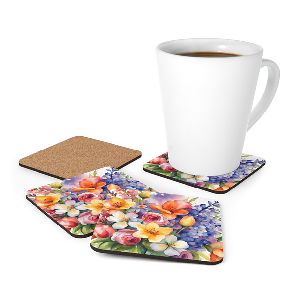 Splash of Spring Corkwood Coaster Set Living Room Decor Glass coasters birthday holiday housewarming christmas gift present flowers white