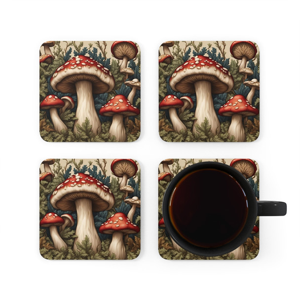 Magical Mushroom Corkwood Coaster Set in William Morris style. Great unique housewarming, Christmas or birthday gift.
