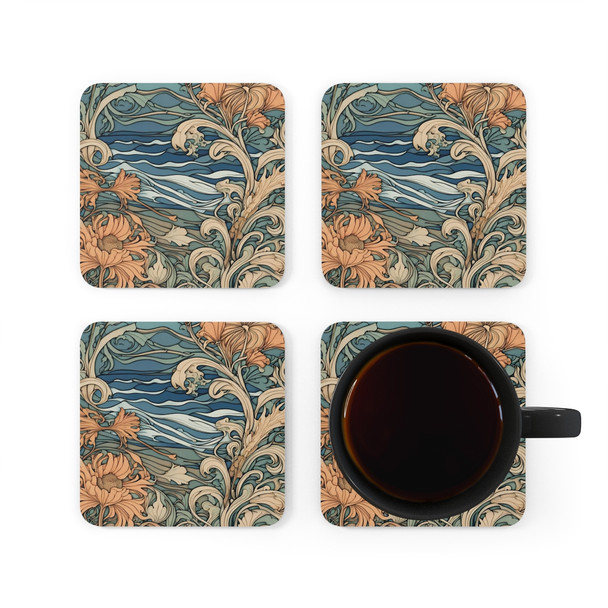 Art Nouveau Floral Corkwood Coaster Set in Blue and Peach