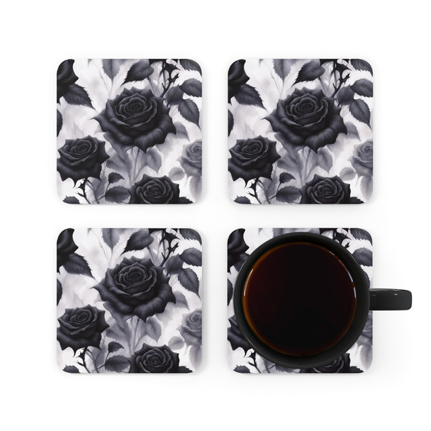 Dramatic Black Roses on White Corkwood Coaster Set. Unique housewarming, birthday or Christmas gift for you loved one.