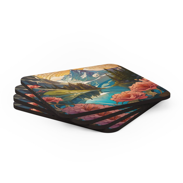 Art Nouveau Summer Mountain Scene Corkwood Coaster Set