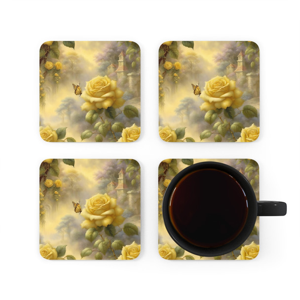 Ethereal Yellow Rose and Butterfly Corkwood Coaster Set