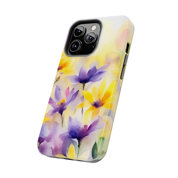 Spring Bouquet in Yellow and Purple Tough Phone Case for iPhone in 21 different sizes. Compatible with iPhone 7, 8, X, 11, 12, 13, 14 and more.