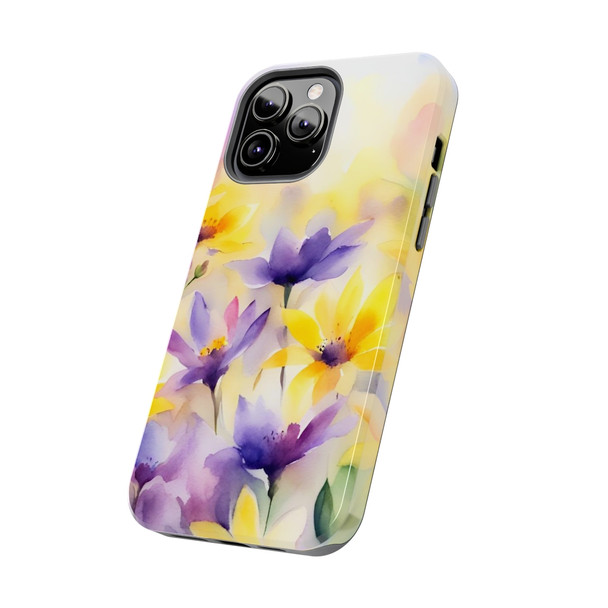 Spring Bouquet in Yellow and Purple Tough Phone Case for iPhone in 21 different sizes. Compatible with iPhone 7, 8, X, 11, 12, 13, 14 and more.