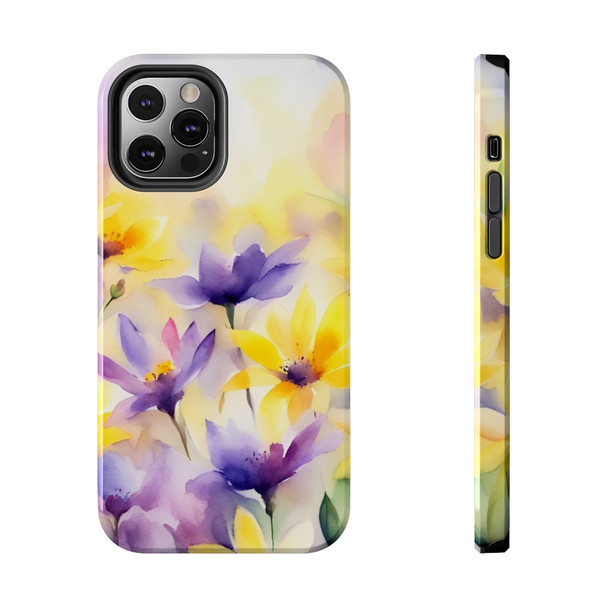 Spring Bouquet in Yellow and Purple Tough Phone Case for iPhone in 21 different sizes. Compatible with iPhone 7, 8, X, 11, 12, 13, 14 and more.