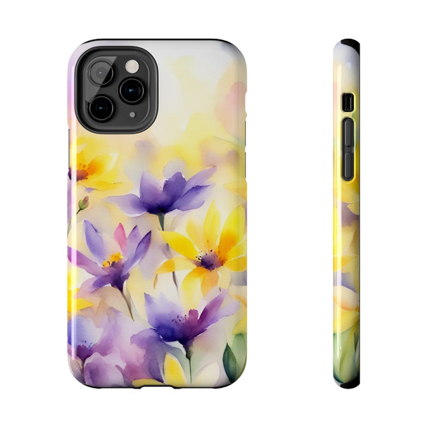 Spring Bouquet in Yellow and Purple Tough Phone Case for iPhone in 21 different sizes. Compatible with iPhone 7, 8, X, 11, 12, 13, 14 and more.