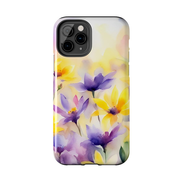 Spring Bouquet in Yellow and Purple Tough Phone Case for iPhone in 21 different sizes. Compatible with iPhone 7, 8, X, 11, 12, 13, 14 and more.