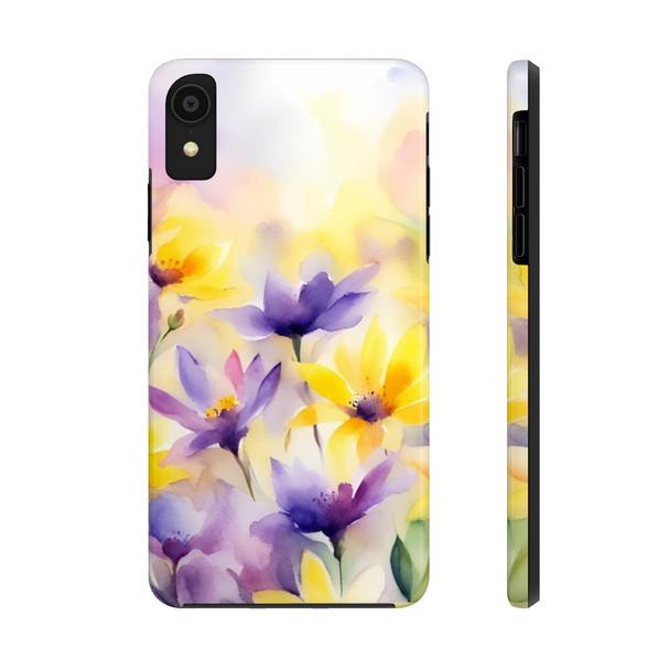 Spring Bouquet in Yellow and Purple Tough Phone Case for iPhone in 21 different sizes. Compatible with iPhone 7, 8, X, 11, 12, 13, 14 and more.