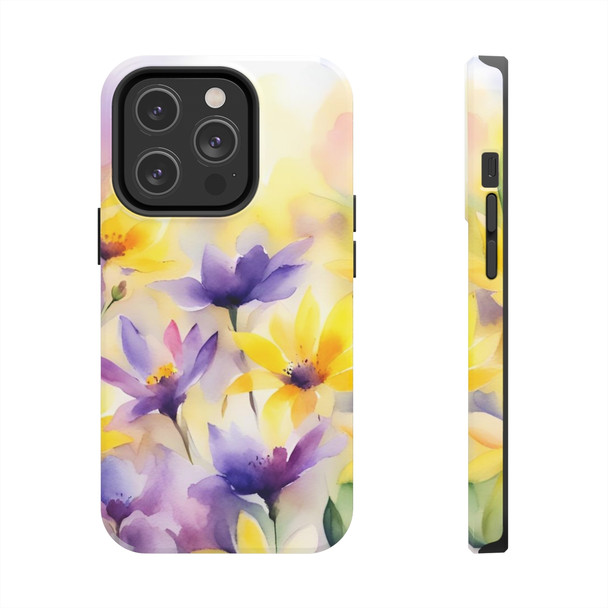 Spring Bouquet in Yellow and Purple Tough Phone Case for iPhone in 21 different sizes. Compatible with iPhone 7, 8, X, 11, 12, 13, 14 and more.
