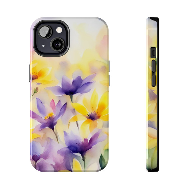 Spring Bouquet in Yellow and Purple Tough Phone Case for iPhone in 21 different sizes. Compatible with iPhone 7, 8, X, 11, 12, 13, 14 and more.