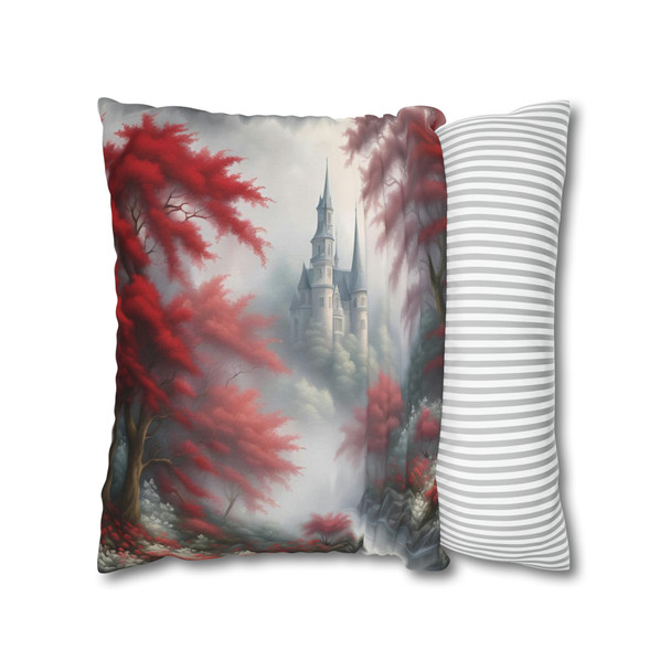 Pillow Case "Red Toile Castle" Pattern Spun Polyester Square Throw Pillow Cover for sofa couch bed accent decorative living room