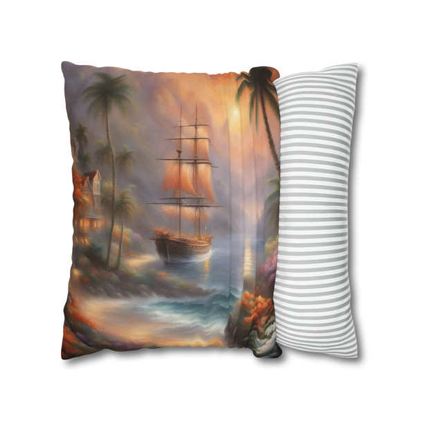 Pillow Case "Tropical Cove Fantasy" Spun Polyester Square throw Pillow Cover concealed zipper sofa couch palm trees pirate ship ocean