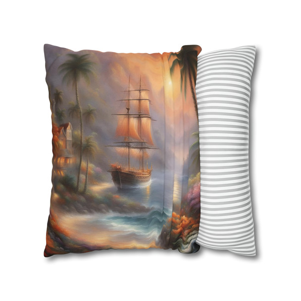 Pillow Case "Tropical Cove Fantasy" Spun Polyester Square throw Pillow Cover concealed zipper sofa couch palm trees pirate ship ocean