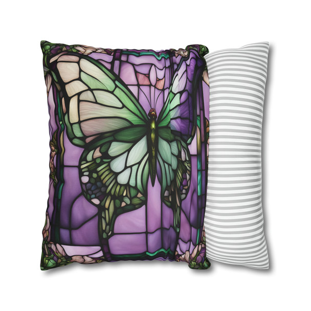 Pillow Case for Stained Glass Butterfly Design Square Decorative Throw Pillow for Living Room Sofa or Couch in purple and green. 