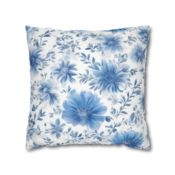 Pillow Case "Chicory Blue" Spun Polyester Square Throw Pillow Cover zipper sofa couch decorative floral blue white living room decor bedroom