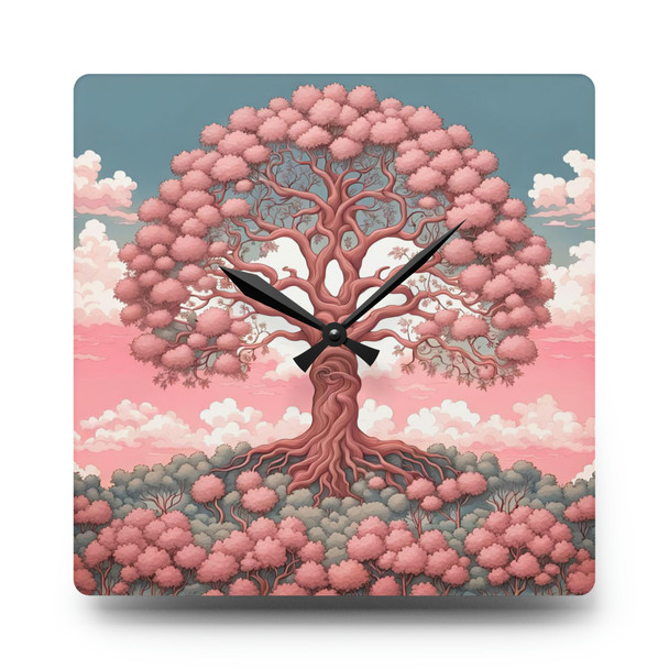 Acrylic Wall Clock in Pink Tree of Life Rowan Tree