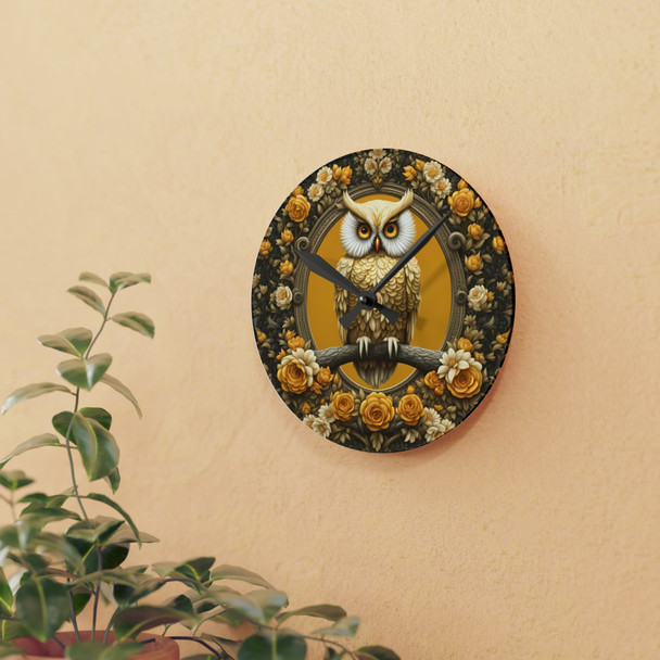 Adorable Owl Acrylic Wall Clock in Yellow, Cream, and Gray. Makes a wonderful Christmas or housewarming gift for the owl enthusiast.