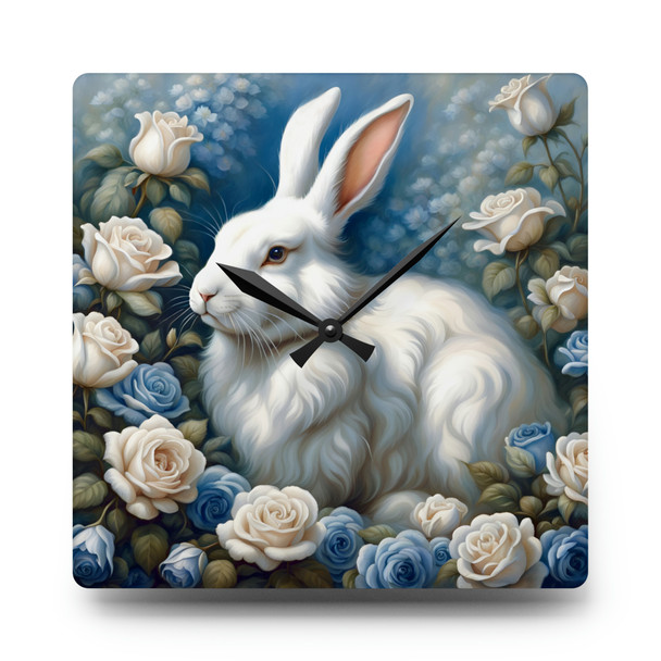 Fluffy White Rabbit Acrylic Wall Clock Round or Square For Child's Room Nursery Gift