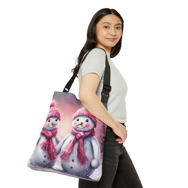 Adorable Pink Snowman Adjustable Tote Bag (AOP)|Two Sizes 16 inch or 18 inch