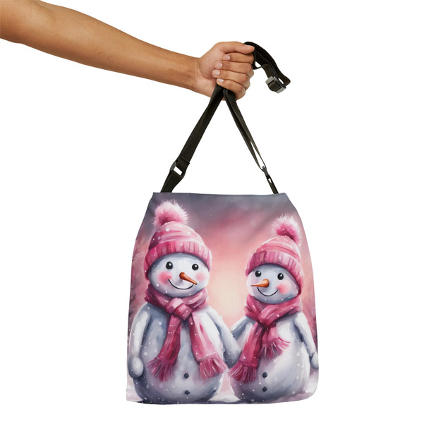 Adorable Pink Snowman Adjustable Tote Bag (AOP)|Two Sizes 16 inch or 18 inch